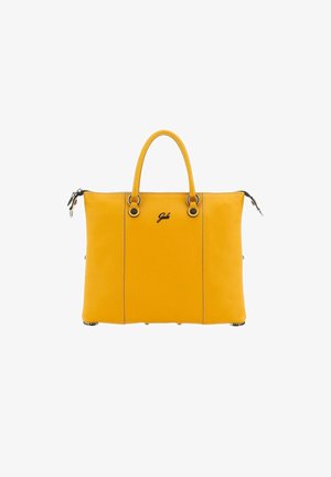 Borsa a mano in pelle gialla con superficie testurizzata, doppi manici superiori, cerniere laterali e logo esterno. Presenta dettagli decorativi in metallo.