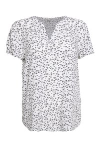 Kortärmad vit blus med V-urringning, prydd med ett spritt svart blommönster och en avslappnad passform. Tillverkad av lättviktigt material.