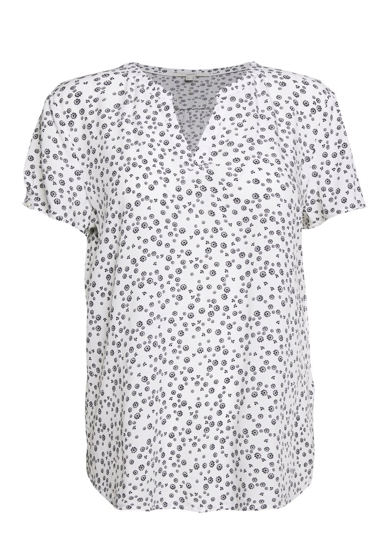 Kortärmad vit blus med V-urringning, prydd med ett spritt svart blommönster och en avslappnad passform. Tillverkad av lättviktigt material.