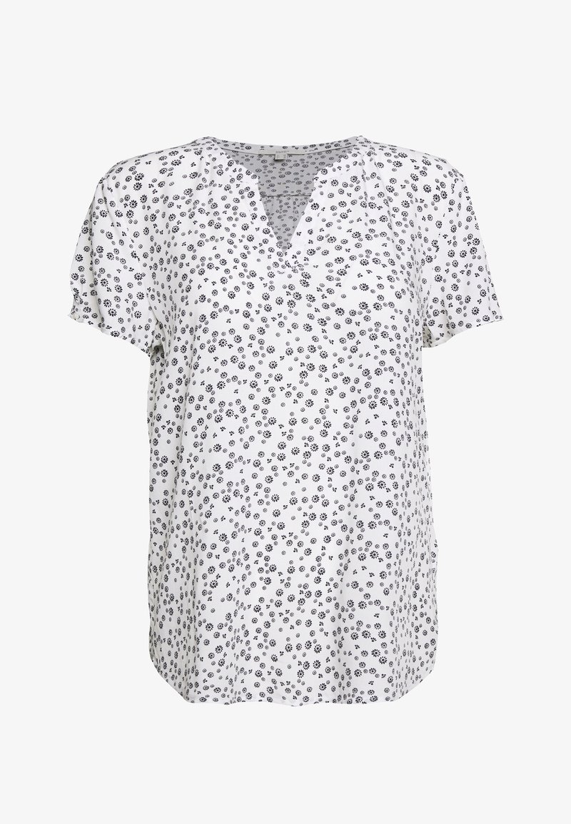 Short-sleeve white blouse with a V-neck, featuring a scattered black floral pattern and a relaxed fit. Made from lightweight fabric.