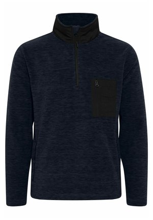 Navy blue fleece pullover with high collar, half-zip, and a black zippered chest pocket. Features long sleeves and a textured fabric.