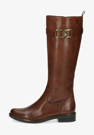 Brown leather knee-high boots with a side buckle detail, smooth texture, rounded toe, and low stacked heel.