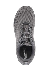 Gray mesh athletic shoe with round toe, lace-up closure, textured surface, and cushioned insole; logo visible on the insole.