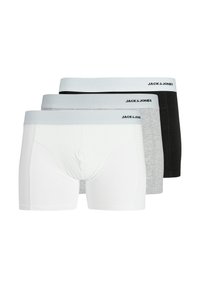 Three pairs of men's boxer briefs in white, grey, and black. Each has a soft waistband with "JACK & JONES" logo. Made from stretchy fabric.