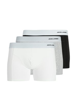 Drei Paare Herrenboxershorts in Weiß, Grau und Schwarz. Jede hat einen weichen Bund mit dem "JACK & JONES"-Logo. Hergestellt aus dehnbarem Stoff.