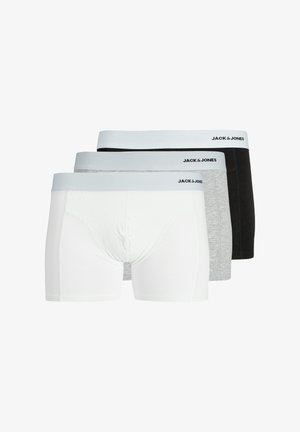 Three pairs of men's boxer briefs in white, grey, and black. Each has a soft waistband with "JACK & JONES" logo. Made from stretchy fabric.