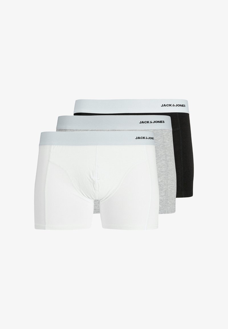 Drei Paare Herrenboxershorts in Weiß, Grau und Schwarz. Jede hat einen weichen Bund mit dem "JACK & JONES"-Logo. Hergestellt aus dehnbarem Stoff.