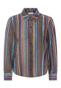 Camicia a maniche lunghe con bottoni, multicolore, caratterizzata da strisce verticali in viola, blu, arancione e marrone. Tessuto morbido con colletto e polsini con bottone.