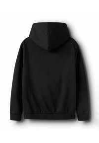 Zwarte hoodie met een trekkoordcapuchon, gemaakt van zachte katoenen stof. Voorzien van ribbelboorden en een -zoom voor een comfortabele pasvorm.