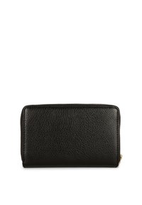 Portefeuille en cuir noir avec une finition texturée, fermeture zippée et forme rectangulaire. Présente des coutures visibles et un petit accent avec logo.