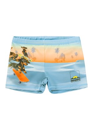 Jongens zwemshorts in lichtblauwe stof met een levendig ontwerp van honden op skateboarden tegen een oranje en blauwe strandachtergrond.