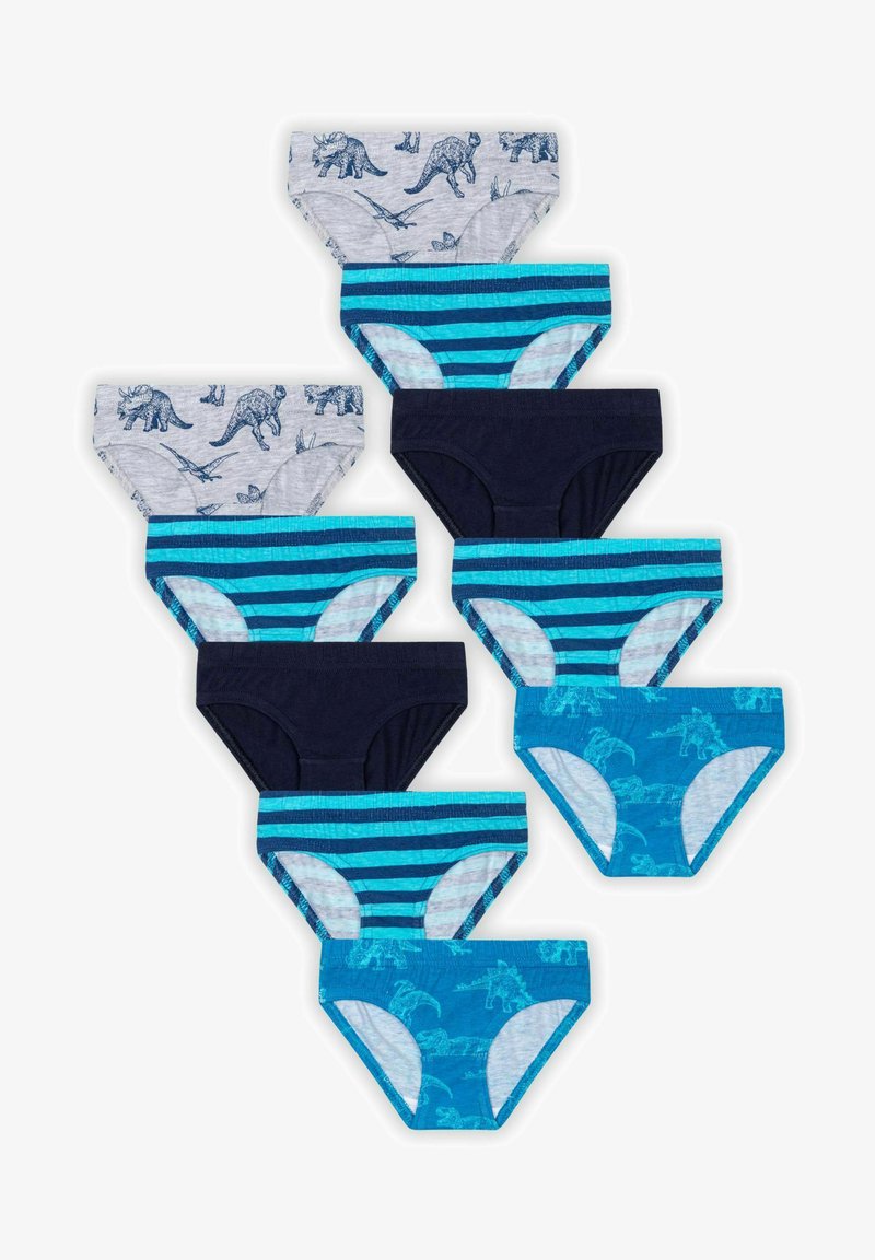 Pamut gyermek alsónemű szett, szürke dinoszaurusz mintákkal, sötétkék színben, valamint különböző árnyalatú kék csíkos változatokban, mind különböző méretekben.