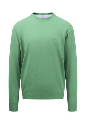 Grøn strikket sweater med lange ærmer, rund hals og et sort trælogo på brystet. Glat tekstur og ribbede manchetter og kant.