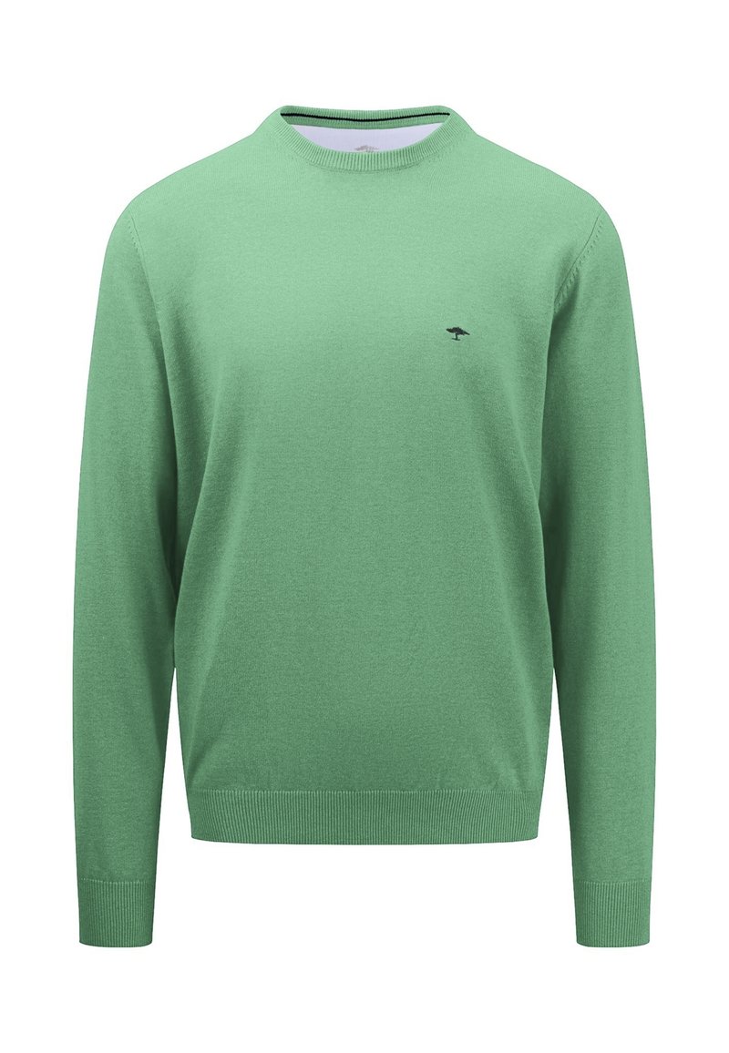 Maglione verde lavorato a maglia con maniche lunghe, collo tondo e logo di un albero nero sul petto. Texture liscia con polsini e orlo a costine.