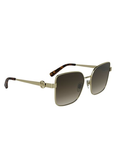 Lunettes de soleil avec une monture en métal doré et de grandes lentilles carrées dégradées. Les embouts en écaille de tortue et les accents de logo rehaussent le design.