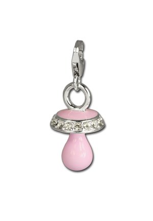 Charm en argent en forme de tétine, avec de l'émail rose et un bord de cristaux transparents. Conçu pour être attaché à des bijoux.
