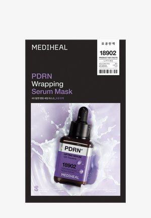 Emballage du masque sérum MEDIHEAL PDRN Wrapping avec éclaboussure de flacon de sérum, mettant en avant l'effet lifting et les détails des ingrédients clés.