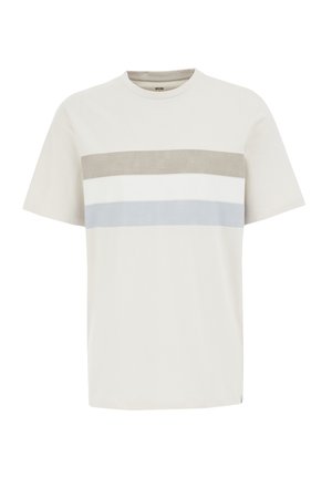 Light gray T-shirt featuring horizontal stripes in beige, white, and light blue. Made of soft cotton with a crew neckline. Short sleeves.