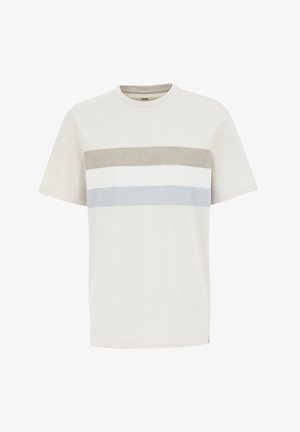 T-shirt grigio chiaro con righe orizzontali in beige, bianco e azzurro chiaro. Realizzato in morbido cotone con scollatura a girocollo. Maniche corte.