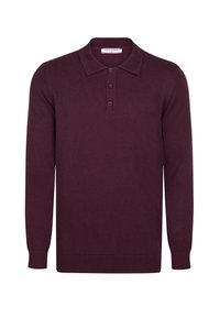Bordeaux langemouwpoloshirt van zachte stof met een klassieke kraag, een drieknoopsluiting en geribde manchetten. Eenvoudig ontwerp, geen patronen.