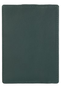 Portafoglio in pelle verde scuro con una texture liscia, forma rettangolare e cuciture a contrasto lungo i bordi, caratterizzato da elementi di design minimalista.