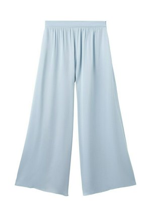 Pantalones de pierna ancha azul claro con cintura elástica, ajuste amplio y tela suave y fluida.