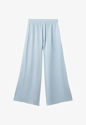 Lichtblauwe broek met wijde pijpen, een elastische tailleband, losse pasvorm en zachte, vloeiende stof.