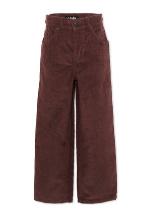 Pantaloni in velluto a coste marrone scuro a gamba larga con tasche frontali e chiusura con bottone in vita, mostrati su sfondo bianco.