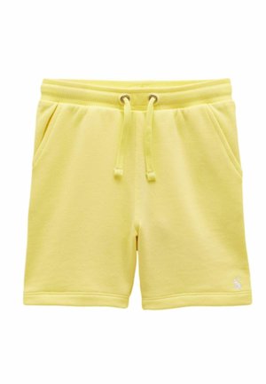 Yellow casual shorts with elastic waistband, drawstring, side pockets, and small embroidered logo on the lower left leg.