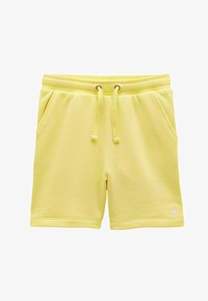 Yellow casual shorts with elastic waistband, drawstring, side pockets, and small embroidered logo on the lower left leg.