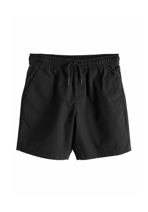 Pantaloni scurți de înot negri cu talie elastică și șnur, având buzunare laterale și textură fină a materialului.