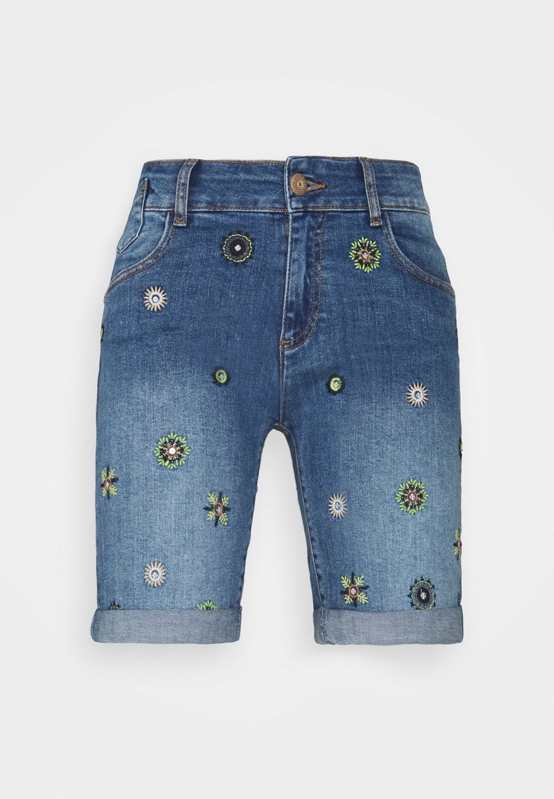 Denim shorts in a mid-blue hue, featuring floral embroidery in green, black, and white. Rolled cuffs add a casual finish.