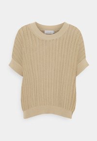 Lyhytnimisten hihojen villaneulepusero beigen värisenä, jossa on teksturoitu avoin neulekuvio, pyöreä kaula-aukko sekä resorit hihansuissa ja helmassa.