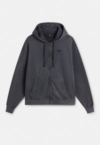 Zip-up hoodie in dark gray. Features a kangaroo pocket, drawstring hood, and ribbed cuffs. Material has a smooth, slightly textured finish.