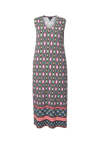 Robe longue sans manches avec un motif géométrique vert, rouge et bleu et une bordure décorative à l'ourlet.