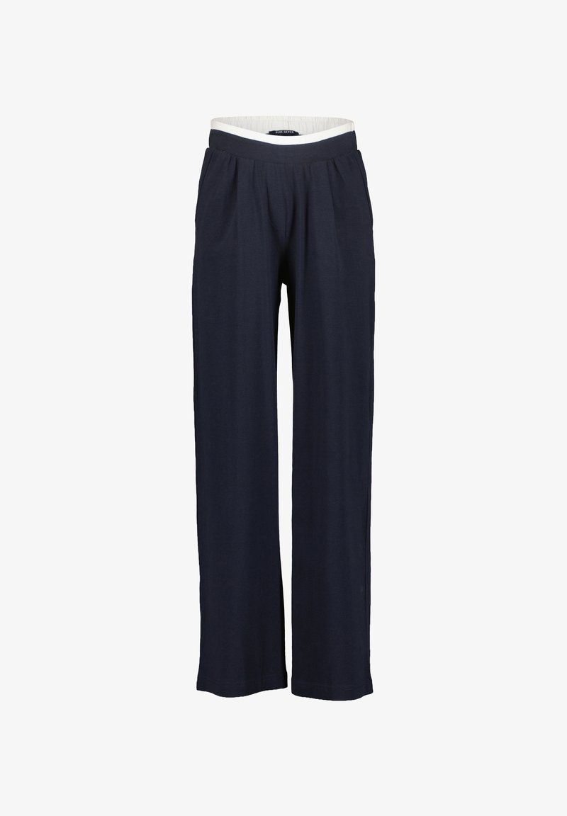 Pantalons à jambes larges bleu marine avec taille élastique et doublure intérieure blanche, plis avant et coupe décontractée.