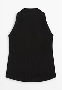 Černá bezrukávová vesta s límcem, švem po středu zad a mírně rozšířeným spodním lemem na bílém pozadí.