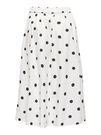 Jupe blanche mi-longue à pois noirs avec taille élastique, confectionnée dans un tissu léger.
