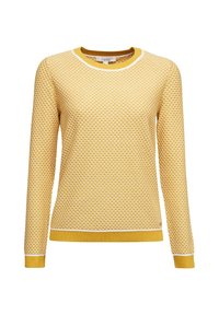 Gelbes, leichtes Sweatshirt mit strukturiertem Muster, langen Ärmeln, gerippten Bündchen und einem weißen, runden Ausschnitt. Weicher Stoff mit atmungsaktivem Design.