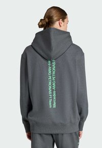 Siva hoodie s velikom kapuljačom i rebrastim manžetama, s vertikalnim zelenim natpisom "Mercedes-AMG PETRONAS F1 Team" na leđima.
