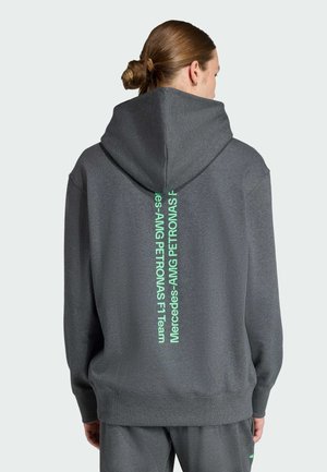 Grijze hoodie met een grote capuchon en geribde boorden, met verticale groene tekst "Mercedes-AMG PETRONAS F1 Team" op de achterkant.