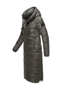 Long, padded coat in dark gray with a high collar, front zipper, side pockets, and a textured quilted design. Features a logo on the sleeve.