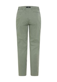 Green cotton trousers with a straight cut, featuring two back pockets with button closures and an elastic waistband for comfort.