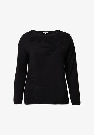 Zwarte trui met lange mouwen en een ronde halslijn. Heeft een getextureerd bloemmotief in een iets donkerdere tint. Zachte gebreide stof.