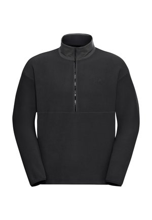 Maglione in pile nero con mezza zip frontale, collo alto e maniche lunghe. Presenta un marchio minimo e una texture liscia.