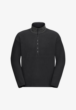 Maglione in pile nero con mezza zip frontale, collo alto e maniche lunghe. Presenta un marchio minimo e una texture liscia.