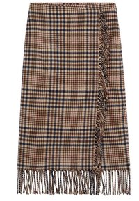Gonna a quadri tessuta in beige, marrone e blu navy, con dettagli frangiati lungo l'orlo. Il materiale sembra testurizzato con un classico motivo a scacchi.