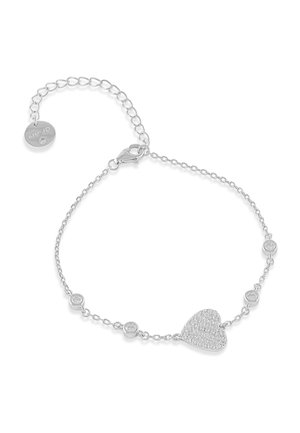 Braccialetto d'argento con un ciondolo a forma di cuore incastonato con piccoli cristalli e cinque accenti di cristallo rotondi lungo la catena.