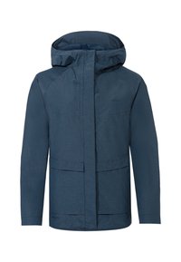 Giacca impermeabile blu scuro con cappuccio, dotata di due tasche frontali, tessuto testurizzato e un logo discreto sul petto.