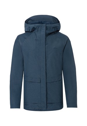 Marineblaue wasserdichte Jacke mit Kapuze, die zwei Fronttaschen, einen strukturierten Stoff und ein dezentes Logo auf der Brust bietet.